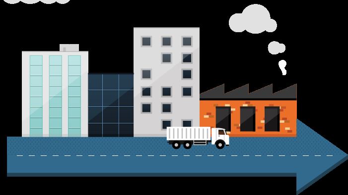 Illustration of a truck driving on a road past manufacturing plants