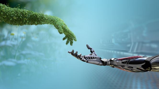 Eco robots touching hands