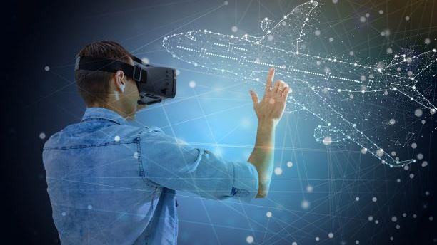 Airplane flying VR screen analysis. Flight up tourism journey virtual reality glasses. Transportation technology banner template