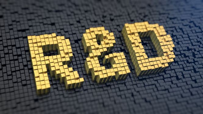 The words R&D written in yellow