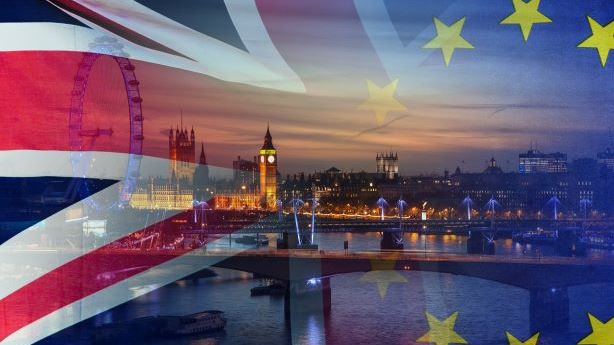 The London skyline overlayed with a British and EU flag