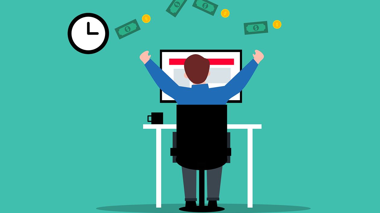 image of a man in front of a computer screen throwing cash in the air