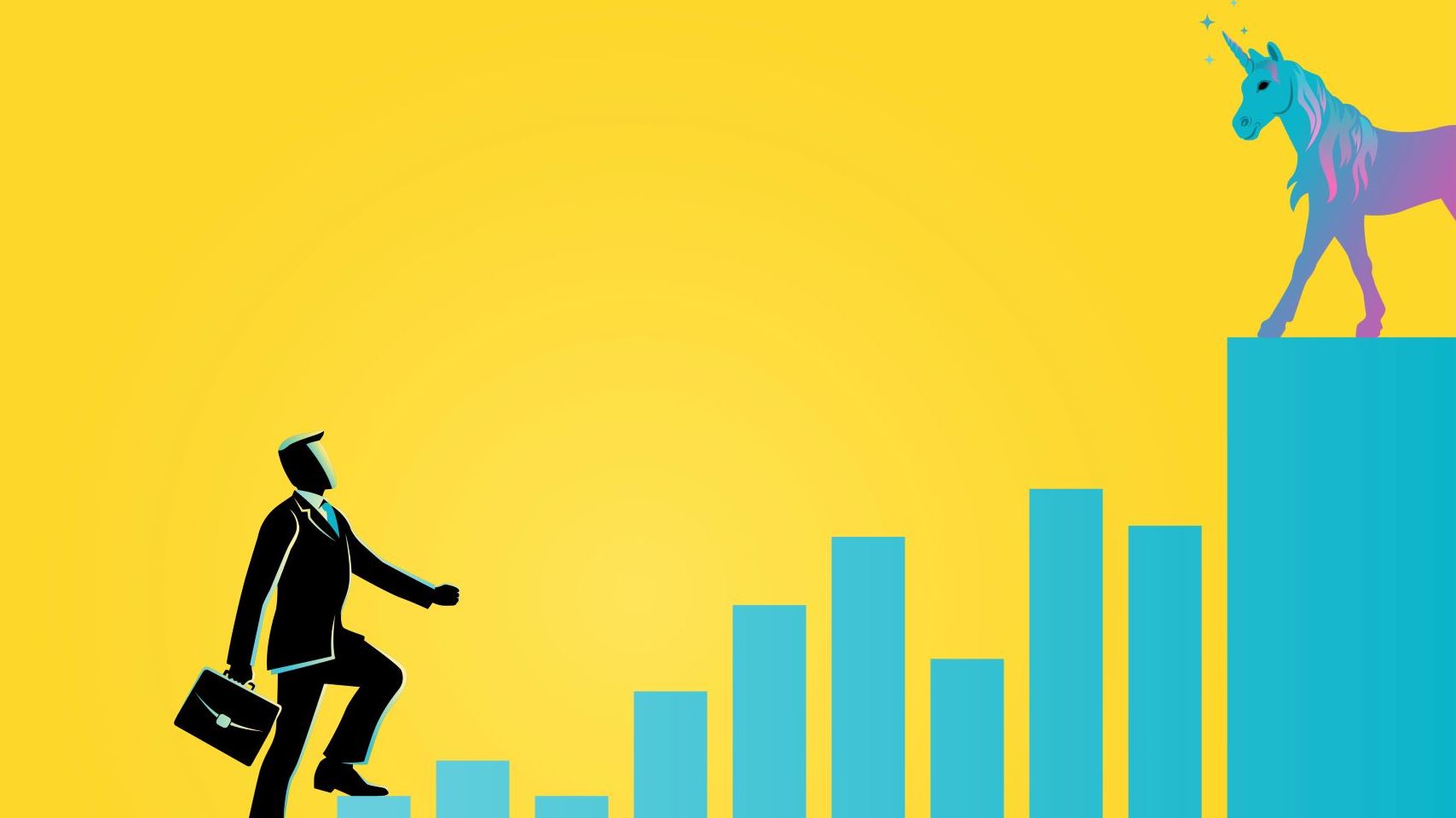 Image of a businessman climbing steps towards a unicorn