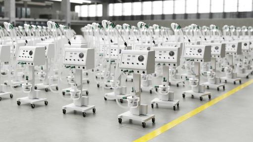 Lots of new ventilators and respirators in the warehouse of a coronavirus epidemic factory