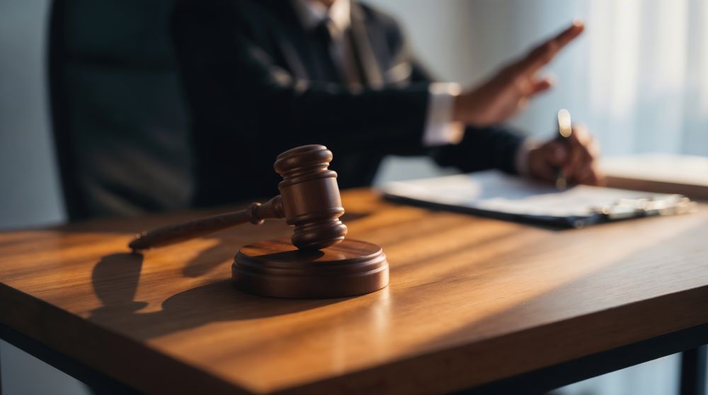 Judge Rejecting Motion With Gavel On Wooden Desk Scene